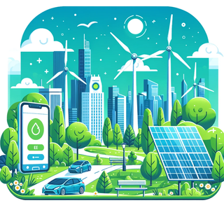 Illustration of a green city with wind turbines, solar panels and a carbon dashboard on a phone